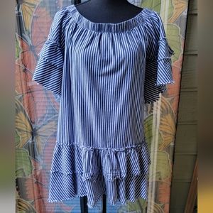 Say What? Top Women's Size Large Denim Style Blouse Layered Bottom and Sleeves